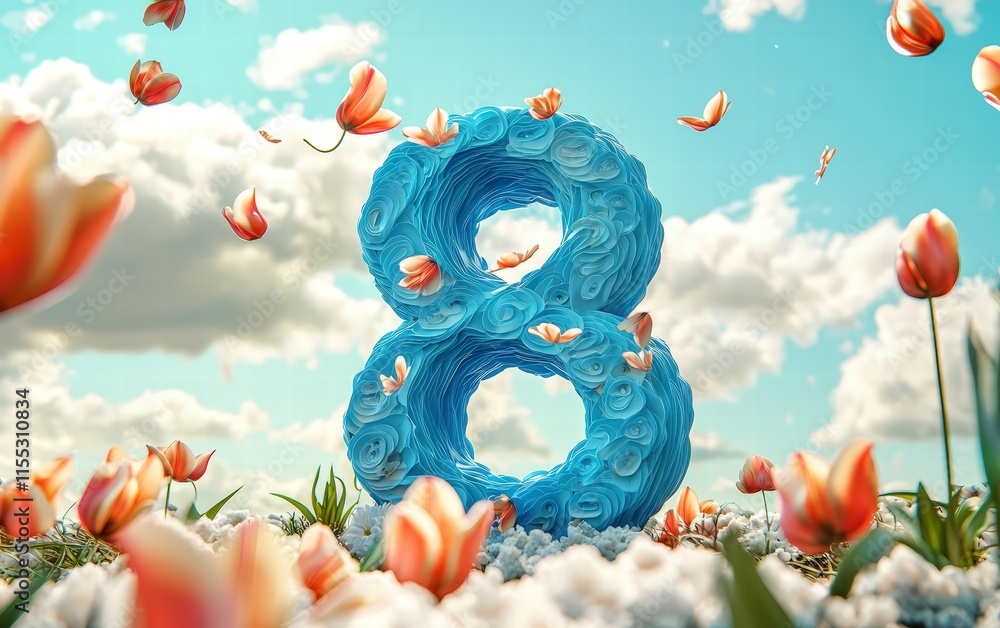 Fototapeta premium A vibrant blue 3D number 8 with tulip petals scattered around, on a blurred sky background with fluffy white clouds