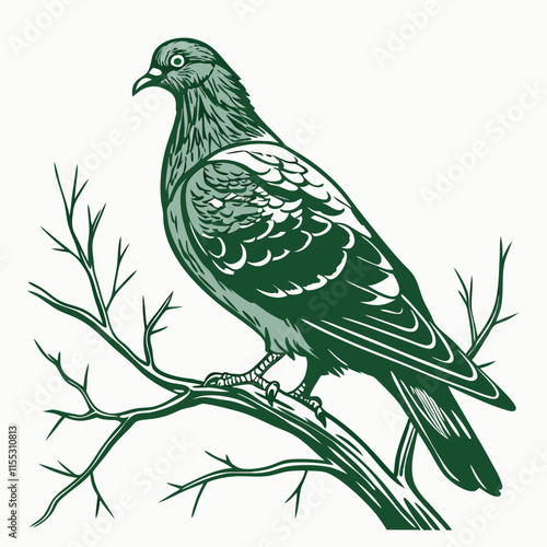 A serene vector artwork featuring a green pigeon perched on a small tree branch, capturing a sense of loneliness and natural beauty.