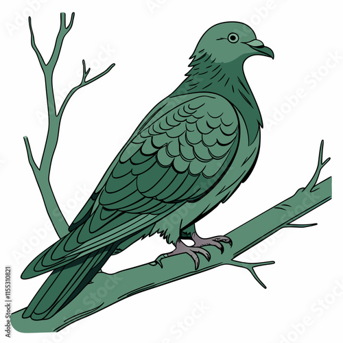 A serene vector artwork featuring a green pigeon perched on a small tree branch, capturing a sense of loneliness and natural beauty.