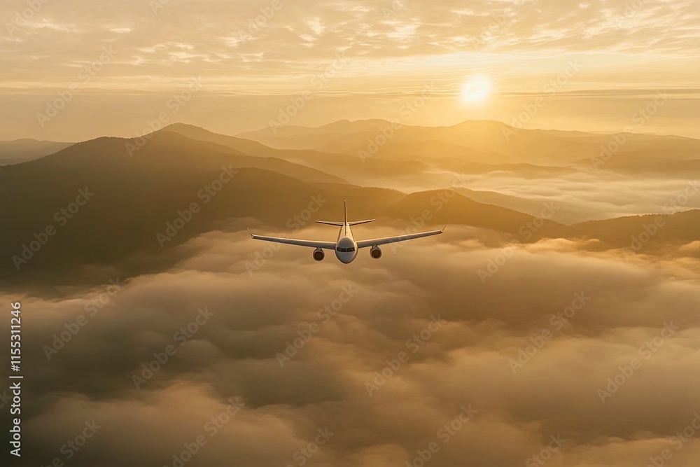 Plane is flying over mountain peaks in low clouds at golden sunrise. Top view of passenger airplane, colorful sky, hills in fog. Aircraft is taking off. Business travel. Commercial. Aerial view Plane is flying over mountain peaks in low clouds at golden sunrise. Top view of passenger airplane, colorful sky, hills in fog. Aircraft is taking off. Business travel. Commercial. Aerial view