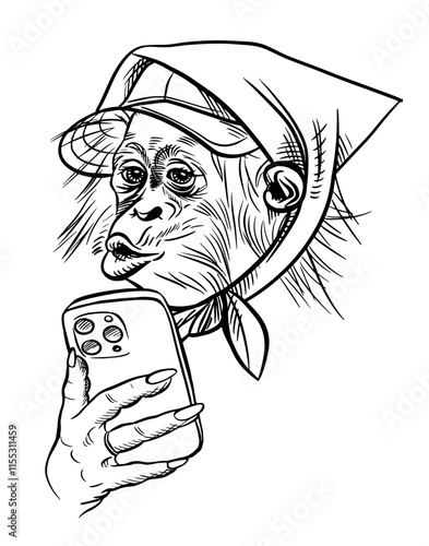 Stylishly dressed monkey takes a selfie with smartphone, abstract hand drawn vector illustration