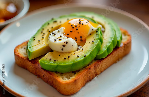 Two dough pieces covered with slices of fresh avocado, sprinkled with flax seeds and an egg, are beautifully placed on a plate, offering a delicious and nutritious breakfast option.