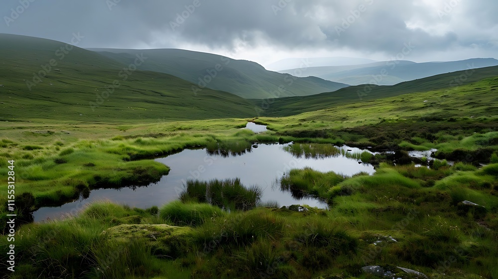 Obraz premium Mountain pond in a green valley works as an educational environmental banner.
