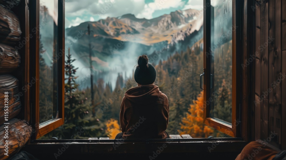 Fototapeta premium A person looking out from a mountain cabin, feeling cozy and reflective
