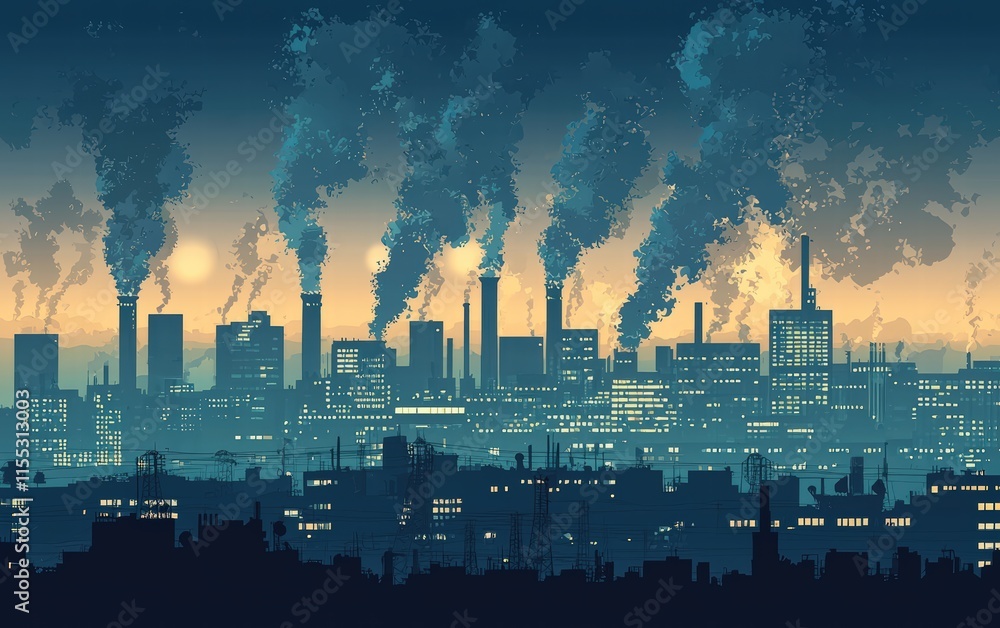 Fototapeta premium Industrial cityscape with dense smog and a darkened sky