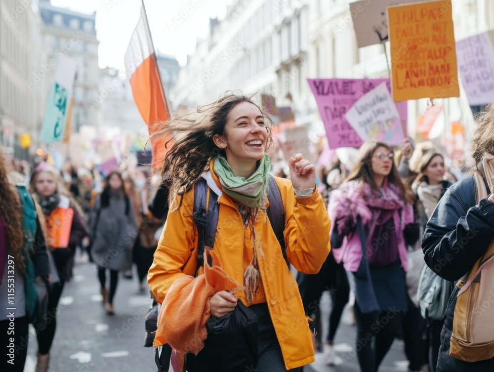 A dynamic march scene with diverse women holding banners, advocating for equal rights, bright and optimistic mood A dynamic march scene with diverse women holding banners, advocating for equal rights, bright and optimistic mood