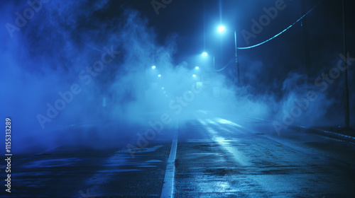 In a blue neon light, smoke is rising from an old asphalt street. In a night scene with fog, there are no people. On the road, it appears to be filled with smog  photo