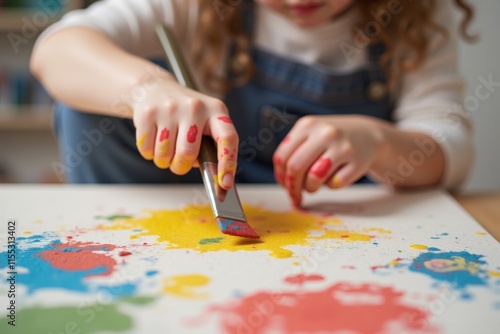 Close-up of a young child painting colorful abstract strokes on a canvas, their hands covered in vibrant paint, showcasing creativity, playfulness, and artistic exploration