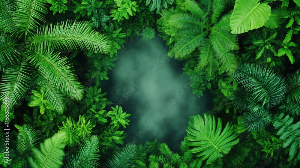Lush Green Tropical Forest Canopy with Fog and Smoke Surrounding an Enclosed Space in Nature's Serenity Lush Green Tropical Forest Canopy with Fog and Smoke Surrounding an Enclosed Space in Nature's Serenity
