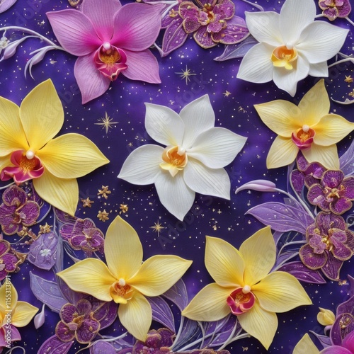 Wallpaper Mural Beautifully detailed orchids in pink and white shades with vivid green leaves, presented on deep blue canvas, ideal for floral-themed designs and creative projects seeking elegance Torontodigital.ca