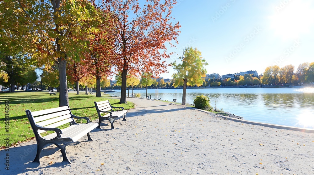Autumn Park Lake Bench Scenic View