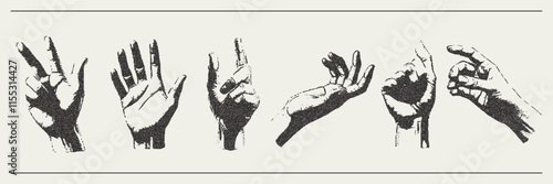 Vector hands set with trendy retro photocopy grain effect. Modern stipple dots texture for design art.