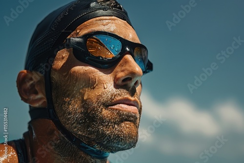 A focused male triathlete wearing goggles and a swim cap, looking determinedly into the distance on a sunny day.