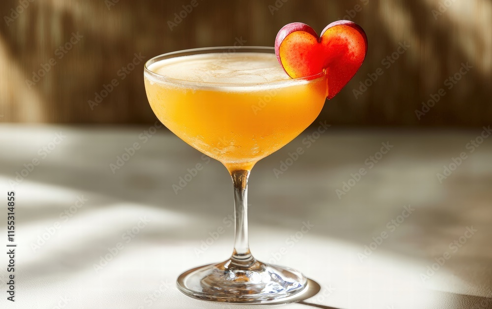 A tropical cocktail with vibrant colors and a heart-shaped fruit garnish, on a clean white surface A tropical cocktail with vibrant colors and a heart-shaped fruit garnish, on a clean white surface