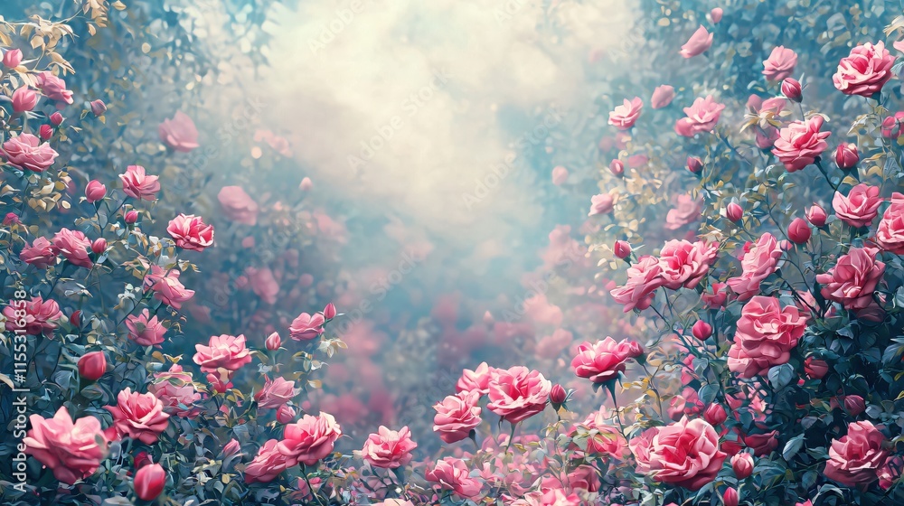 Serene Garden Pathway Surrounded by Gorgeous Pink Roses in Bloom Serene Garden Pathway Surrounded by Gorgeous Pink Roses in Bloom