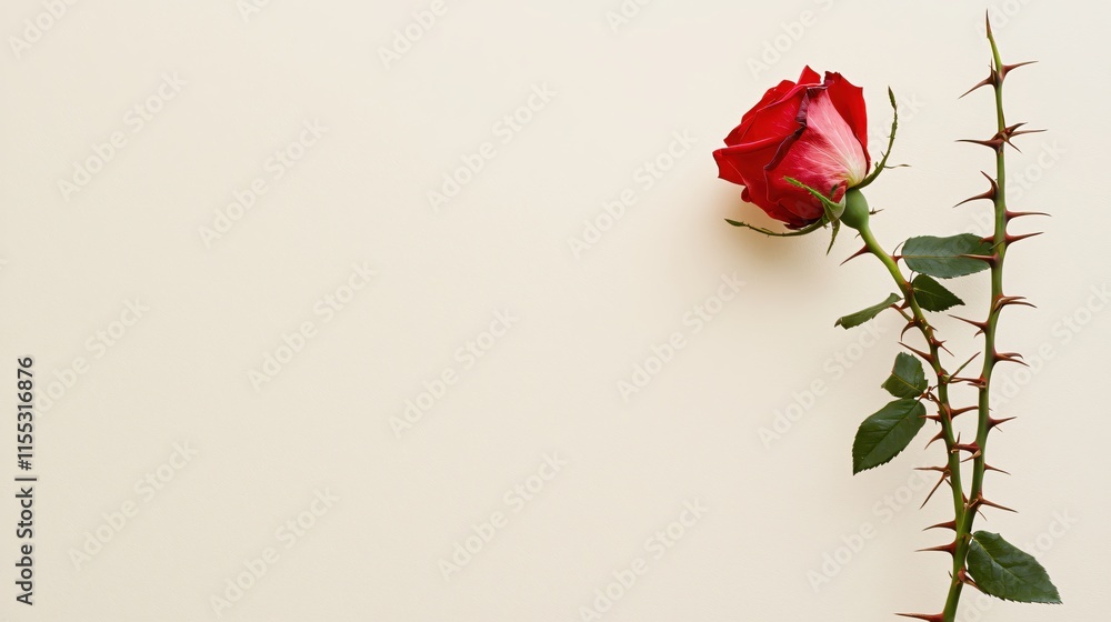 Red Rose with Green Leaves and Thorns on Neutral Background Red Rose with Green Leaves and Thorns on Neutral Background