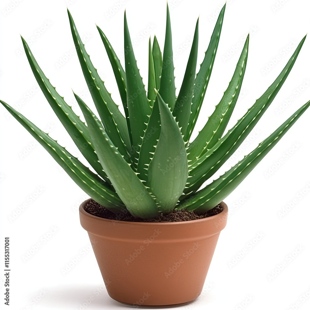 Lush Aloe Vera Plant with Long Green Leaves in Simple Terracotta Pot on White Background for Home Decor and Wellness Themes Lush Aloe Vera Plant with Long Green Leaves in Simple Terracotta Pot on White Background for Home Decor and Wellness Themes