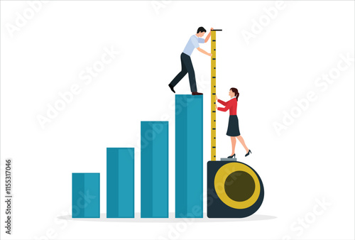 Business benchmark measurement, KPI, key performance indicator to evaluate success, improvement or business growth concept, businessman and woman help using measuring tape to measure bar graph.