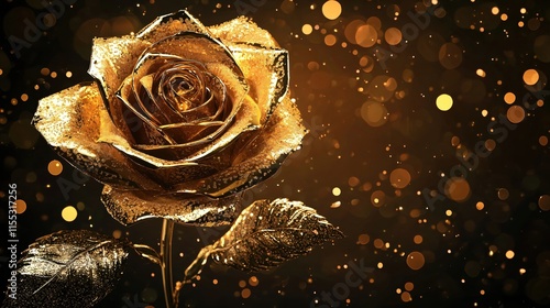 Golden Rose with Sparkling Background and Glittering Bokeh Effect