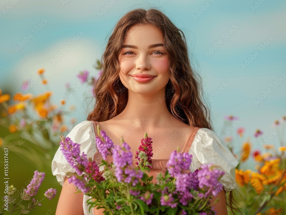 Fototapeta premium A young woman happily poses outdoors surrounded by vibrant blooming flowers, with blue skies in the background, creating a cheerful and lively spring atmosphere.