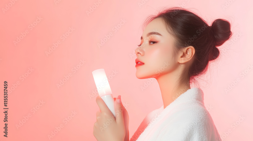 Young woman showcasing a skincare device against a soft pink background in a beauty session Young woman showcasing a skincare device against a soft pink background in a beauty session