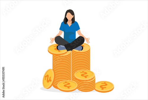 Financial expert, wealth management, money and investment advisor concept, smart businesswoman girl meditating and floating on big gold money dollar coin.