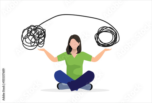 Control emotions during problem solving or frustration work concept. Calm woman with sitting lotus changes chaotic lines into orderly and relaxed lines. Stress management, meditation to reduce anxiety