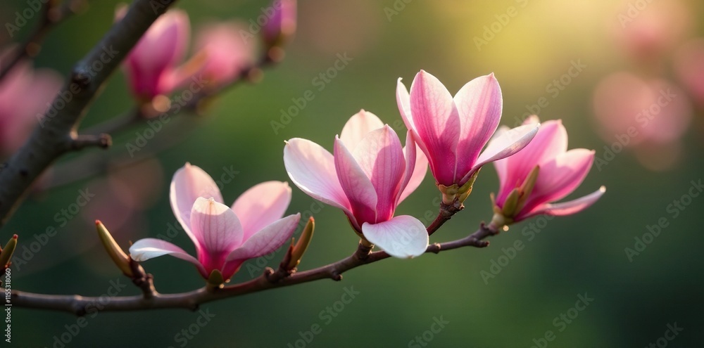 Obraz premium Delicate pink magnolia flowers on a slender branch, foliage, bloom, nature