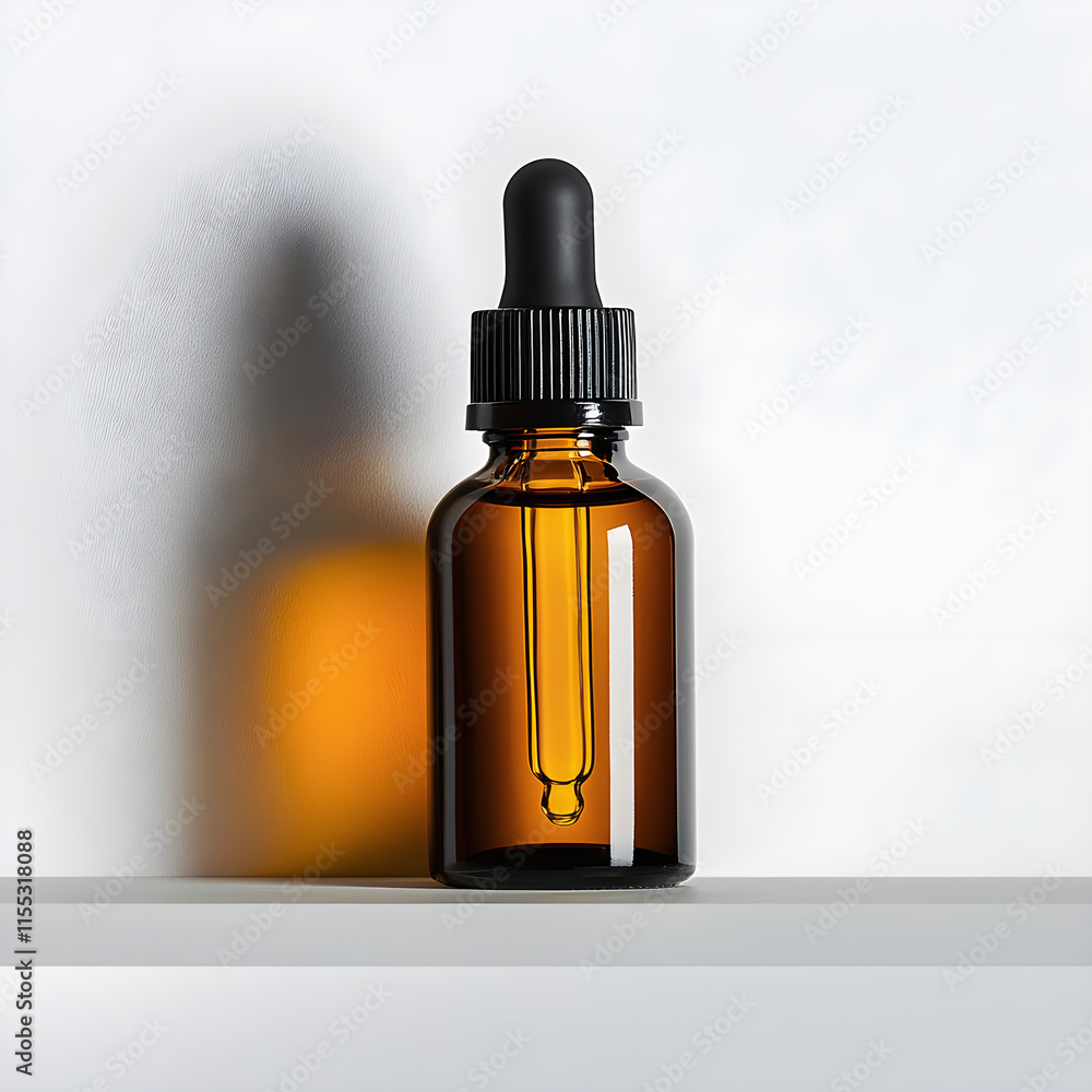 Amber dropper bottle on white shelf Amber dropper bottle on white shelf