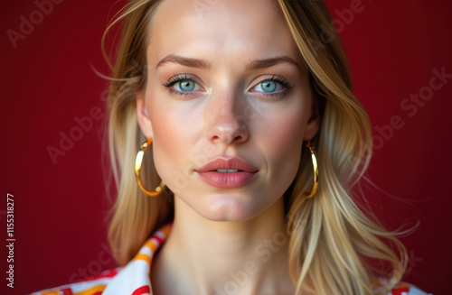 Portrait of blue-eyed woman with gold earrings and patterned blouse, red background