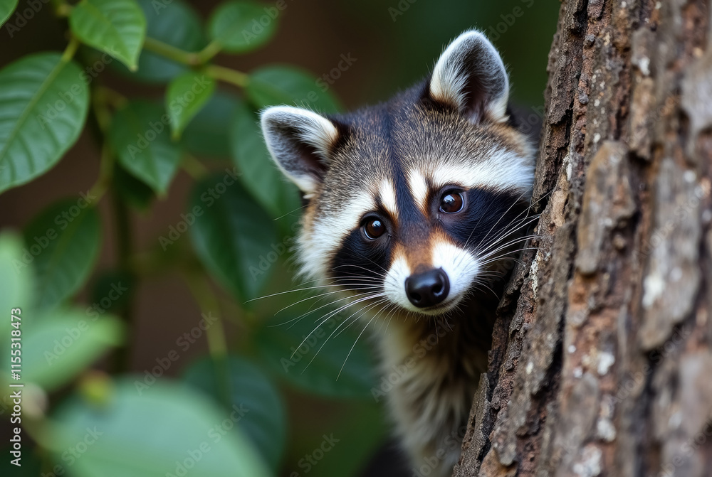 Fototapeta premium Raccoon Hiding Behind a Tree