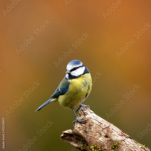Adult Blue tit (Cyanistes caeruleus) perched on fallen log against diffused autumnal background