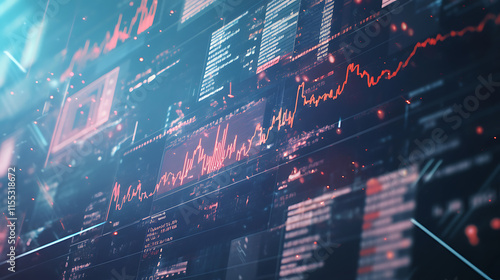 Digital financial data visualization with graphs and statistics.