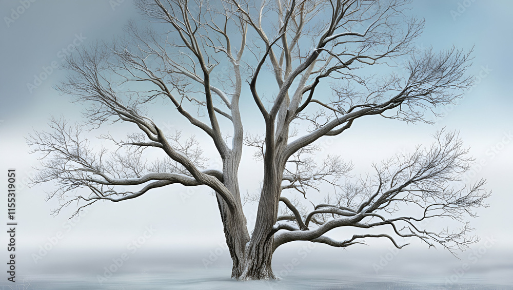An isolated tree with no leaves, the branches delicate and bare, representing the stillness of winter, set on a transparent background. An isolated tree with no leaves, the branches delicate and bare, representing the stillness of winter, set on a transparent background.