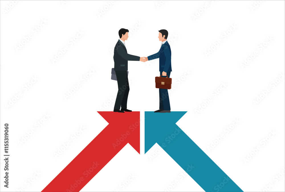 Cooperation partnership, work together for success, team collaboration, agreement or negotiation, collaborate concept, businessmen handshake on growth arrow joining connection agree to work together. Cooperation partnership, work together for success, team collaboration, agreement or negotiation, collaborate concept, businessmen handshake on growth arrow joining connection agree to work together.