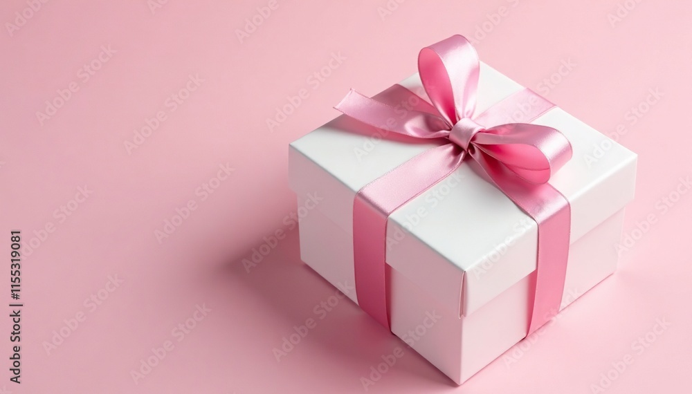 Delicate white gift box with a soft pink ribbon tied in a bow, decorative, pink Delicate white gift box with a soft pink ribbon tied in a bow, decorative, pink