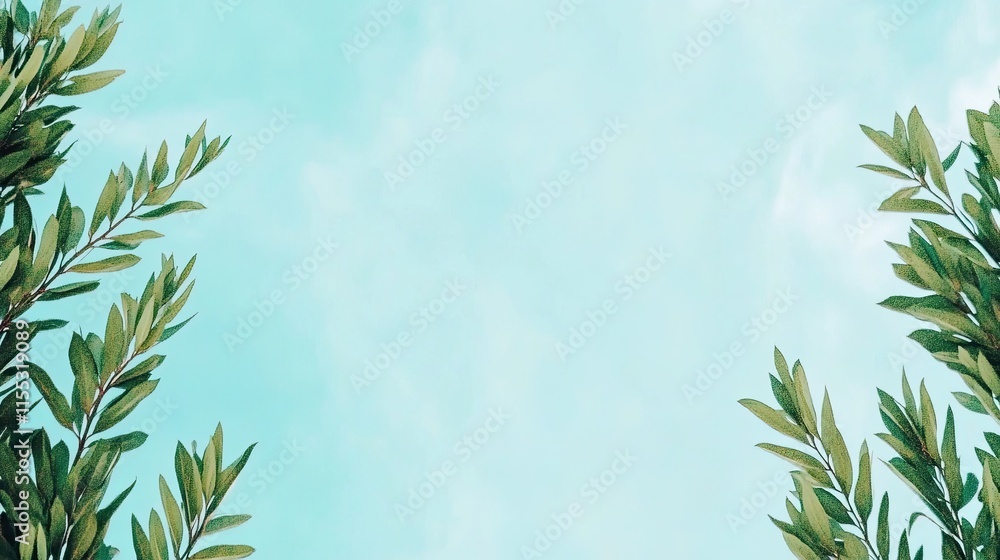 Bright Green Leaves Framing Soft Blue Sky with Light Clouds for Natural, Fresh, and Vibrant Backgrounds in Outdoor and Wellness Themes Bright Green Leaves Framing Soft Blue Sky with Light Clouds for Natural, Fresh, and Vibrant Backgrounds in Outdoor and Wellness Themes