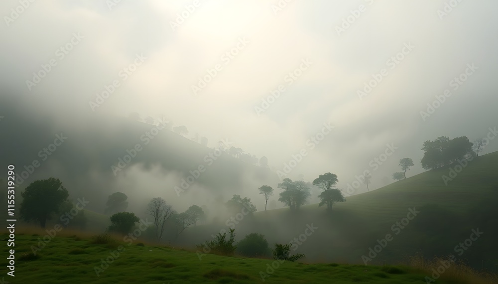 Misty Mountain Landscape with Lush Green Hills Misty Mountain Landscape with Lush Green Hills