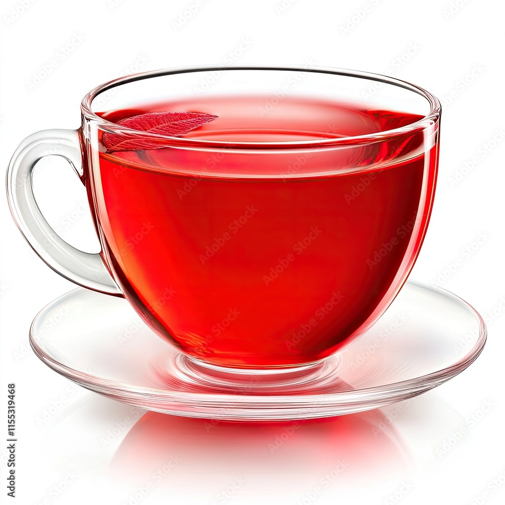 Cup of vibrant red tea sitting on glass saucer with colorful reflection, isolated on white background highlighting warm beverage appeal Cup of vibrant red tea sitting on glass saucer with colorful reflection, isolated on white background highlighting warm beverage appeal