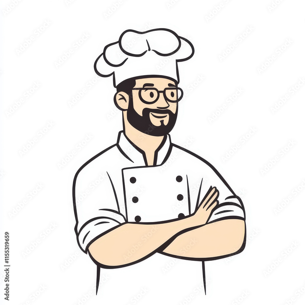Confident Male Chef in White Uniform with Hat Standing with Crossed Arms and Smiling, Ideal for Culinary and Restaurant Illustrations Confident Male Chef in White Uniform with Hat Standing with Crossed Arms and Smiling, Ideal for Culinary and Restaurant Illustrations