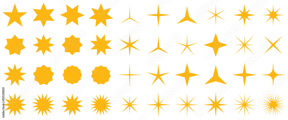 Stars icon collection. Different star shapes. Bright firework, decoration twinkle, shiny flash. Glowing light effect, Yellow sparkles symbols vector. Stars icon collection. Different star shapes. Bright firework, decoration twinkle, shiny flash. Glowing light effect, Yellow sparkles symbols vector.