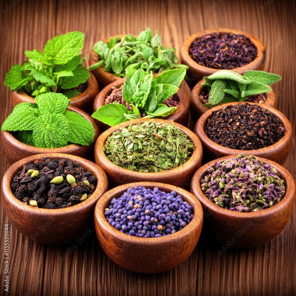 Assortment of Fresh and Dried Herbs in Wooden Bowls on Wooden Surface for Culinary and Aromatic Uses in Natural Food Preparation Assortment of Fresh and Dried Herbs in Wooden Bowls on Wooden Surface for Culinary and Aromatic Uses in Natural Food Preparation