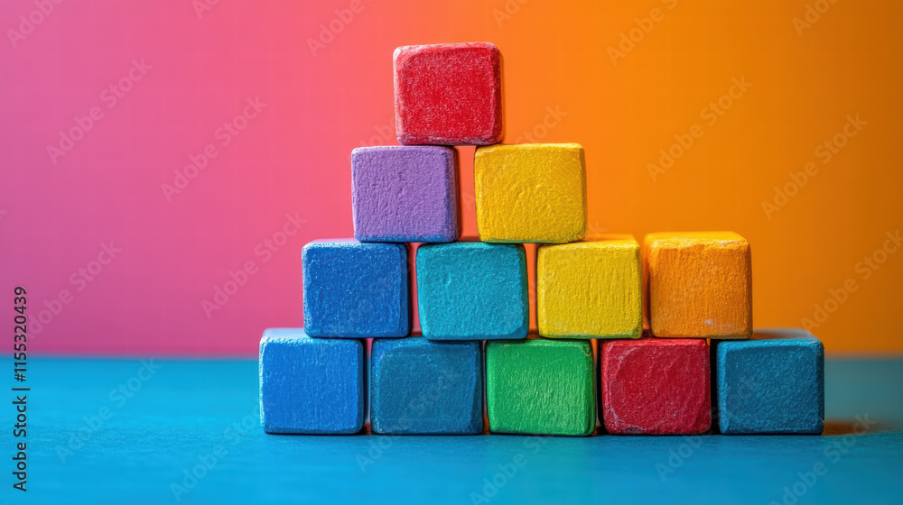 Colorful wooden blocks stacked in pyramid shape on vibrant background Colorful wooden blocks stacked in pyramid shape on vibrant background