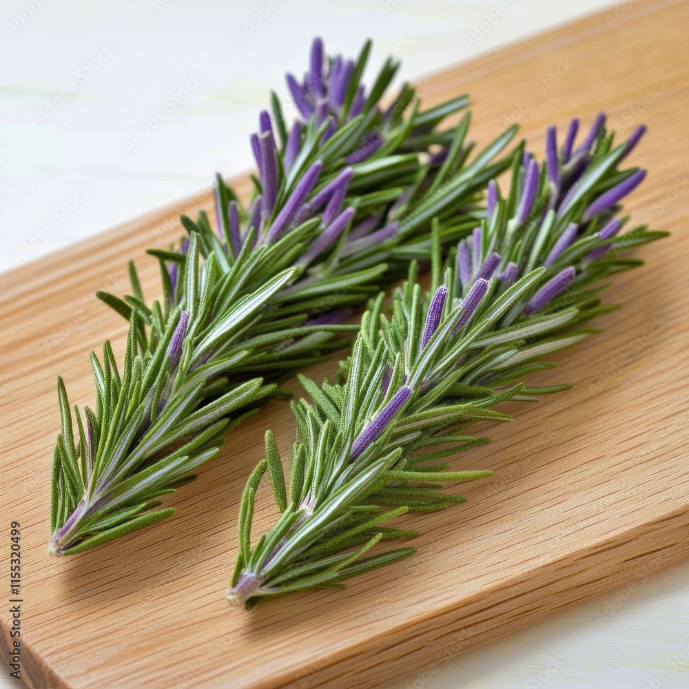 Fresh lavender sprigs arranged beautifully on a wooden cutting board, showcasing vibrant purple flowers and aromatic green leaves for culinary use Fresh lavender sprigs arranged beautifully on a wooden cutting board, showcasing vibrant purple flowers and aromatic green leaves for culinary use