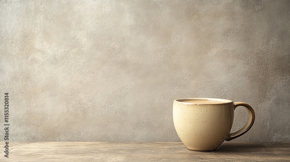 A simple beige coffee mug on a textured surface against a neutral background. A simple beige coffee mug on a textured surface against a neutral background.