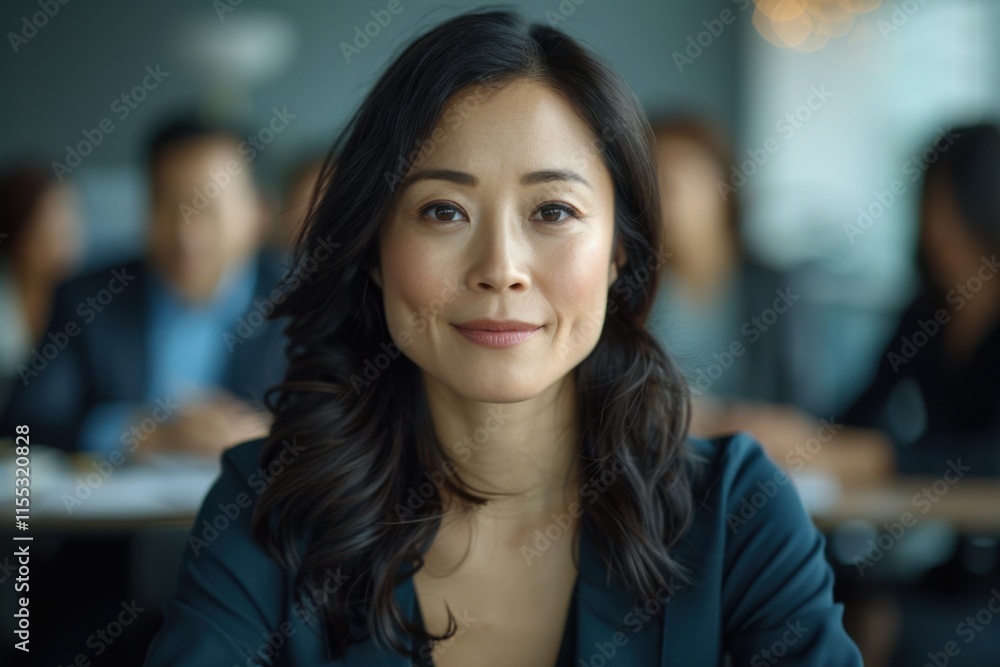 Portrait of a young woman with dark hair sitting confidently in a meeting room, with people blurred in the background. Portrait of a young woman with dark hair sitting confidently in a meeting room, with people blurred in the background.
