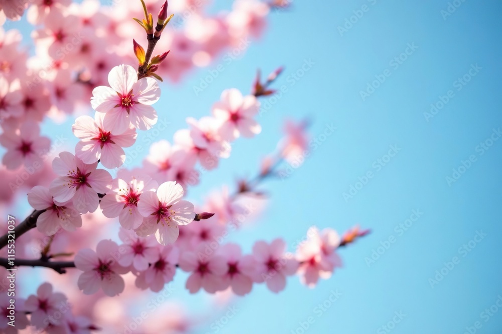 Soft focus image of a blooming cherry blossom tree against a clear blue sky, serene atmosphere, delicate flowers, blooming tree Soft focus image of a blooming cherry blossom tree against a clear blue sky, serene atmosphere, delicate flowers, blooming tree
