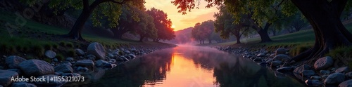 Callej?n del r?o Ebro con ?rboles frondosos y una luz suave al atardecer, twilight, tranquility, canyon photo