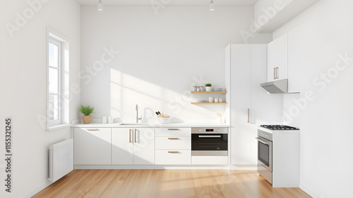 Wallpaper Mural White home kitchen interior with appliances and kitchenware, hardwood floor. Sink, stove and oven mounted with hood. Minimalist cooking space in modern apartment. 3D rendering. Generative AI Torontodigital.ca