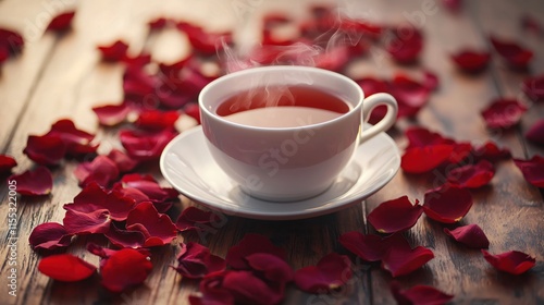 Aromatic Tea in White Cup Surrounded by Red Rose Petals